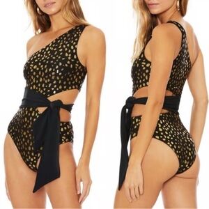 Beach Riot One-Shoulder Black and Gold One Piece